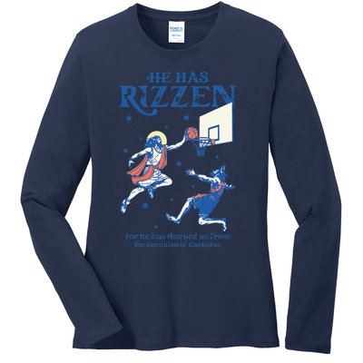 He Is Rizzin Funny Easter Day Jesus Playing Basketball Ladies Long Sleeve Shirt