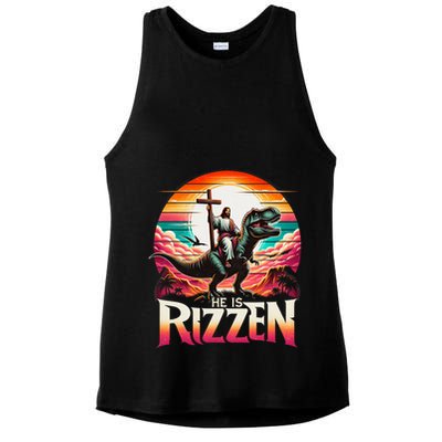 He Is Rizzen Jesus Has Rizzen Retro Christian Dinosaur Ladies PosiCharge Tri-Blend Wicking Tank