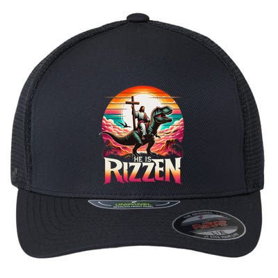 He Is Rizzen Jesus Has Rizzen Retro Christian Dinosaur Flexfit Unipanel Trucker Cap