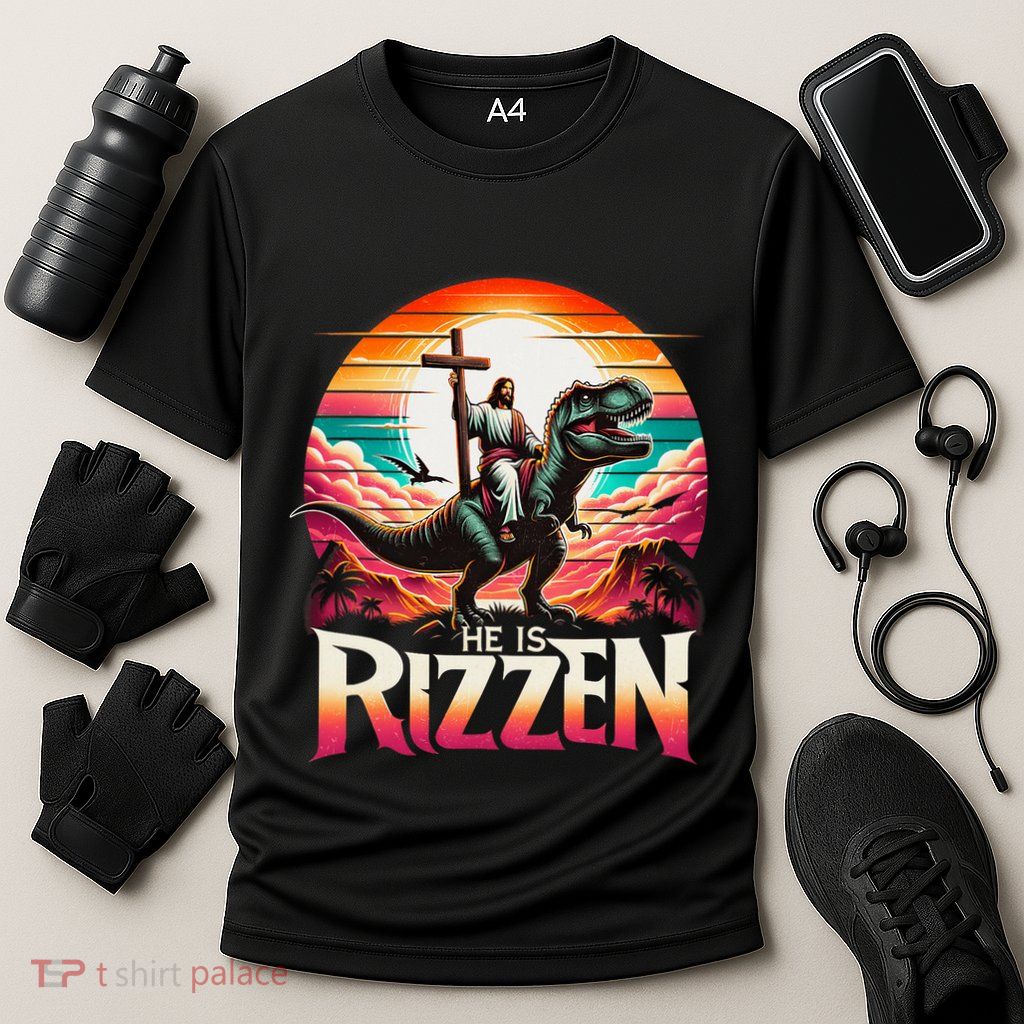 He Is Rizzen Jesus Has Rizzen Retro Christian Dinosaur Performance Shirt