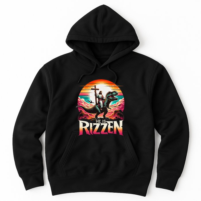 He Is Rizzen Jesus Has Rizzen Retro Christian Dinosaur Hoodie