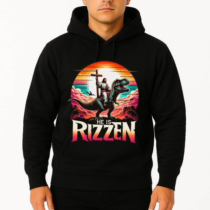 He Is Rizzen Jesus Has Rizzen Retro Christian Dinosaur Hoodie