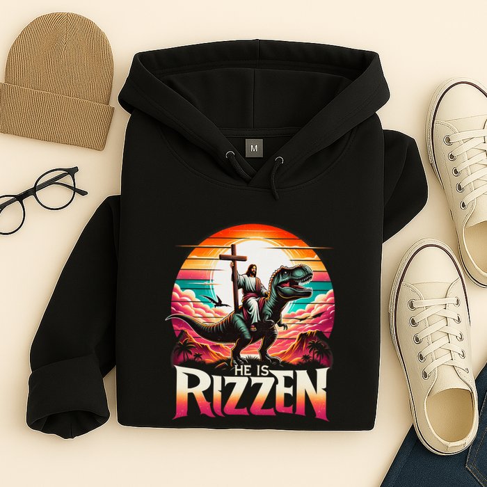 He Is Rizzen Jesus Has Rizzen Retro Christian Dinosaur Hoodie