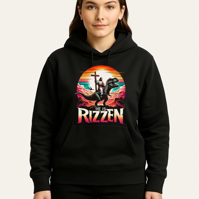 He Is Rizzen Jesus Has Rizzen Retro Christian Dinosaur Hoodie