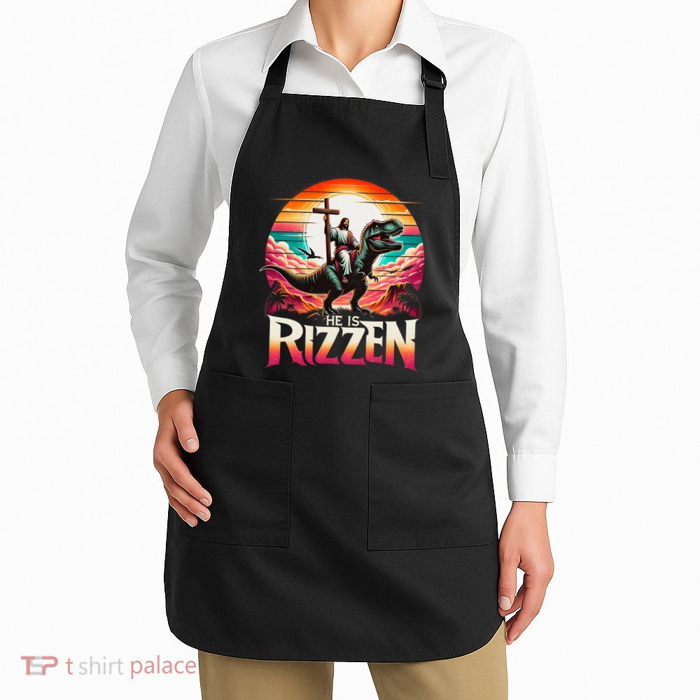 He Is Rizzen Jesus Has Rizzen Retro Christian Dinosaur Apron