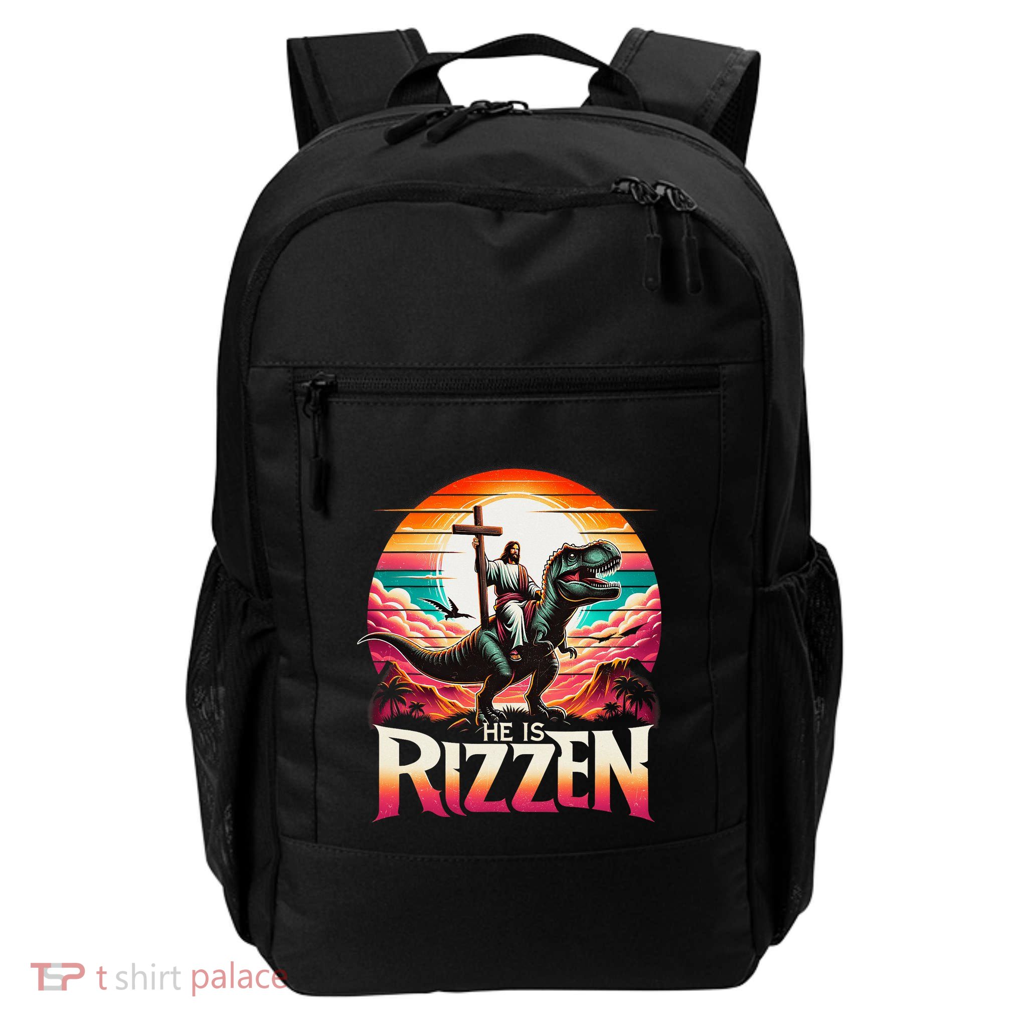 He Is Rizzen Jesus Has Rizzen Retro Christian Dinosaur Backpack