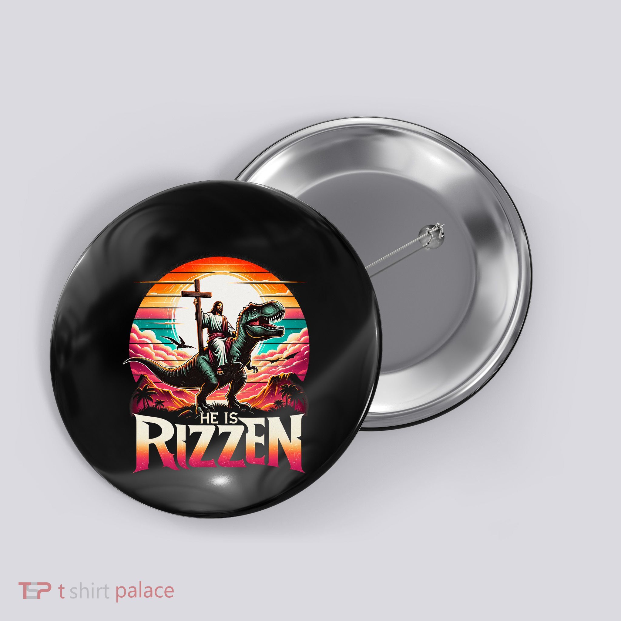 He Is Rizzen Jesus Has Rizzen Retro Christian Dinosaur Button
