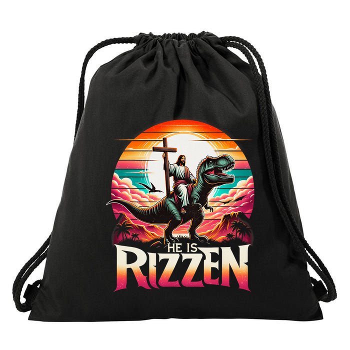 He Is Rizzen Jesus Has Rizzen Retro Christian Dinosaur Drawstring Bag