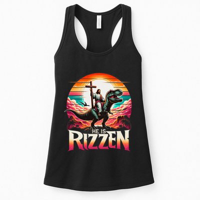 He Is Rizzen Jesus Has Rizzen Retro Christian Dinosaur Womens Tank Top