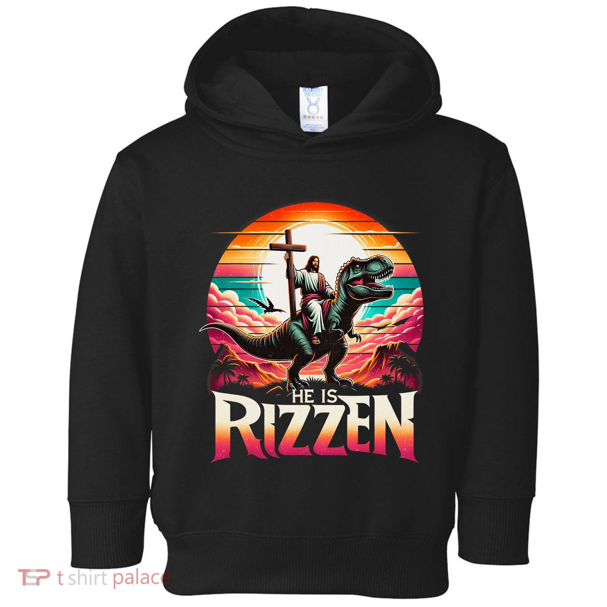 He Is Rizzen Jesus Has Rizzen Retro Christian Dinosaur Toddler Hoodie