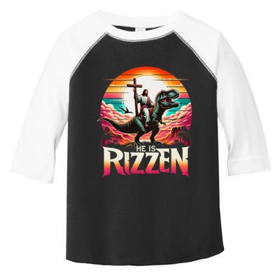 He Is Rizzen Jesus Has Rizzen Retro Christian Dinosaur Toddler Fine Jersey T-Shirt