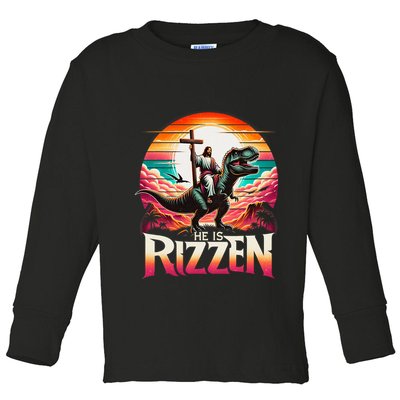 He Is Rizzen Jesus Has Rizzen Retro Christian Dinosaur Toddler Long Sleeve Shirt