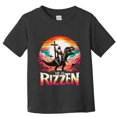 He Is Rizzen Jesus Has Rizzen Retro Christian Dinosaur Toddler T-Shirt