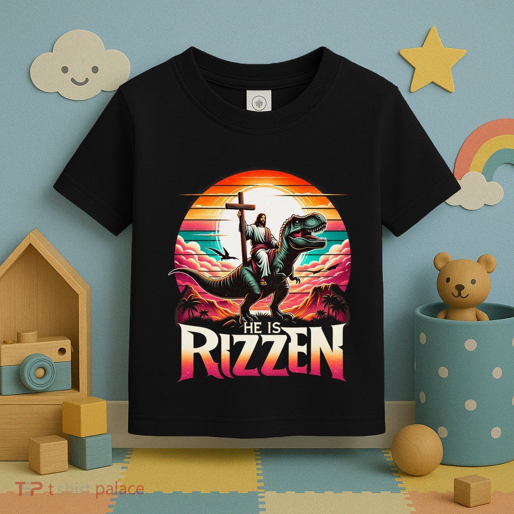 He Is Rizzen Jesus Has Rizzen Retro Christian Dinosaur Toddler T-Shirt