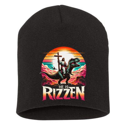 He Is Rizzen Jesus Has Rizzen Retro Christian Dinosaur Short Acrylic Beanie