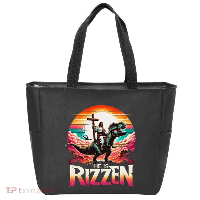 He Is Rizzen Jesus Has Rizzen Retro Christian Dinosaur Zip Tote Bag