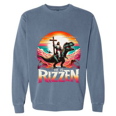 He Is Rizzen Jesus Has Rizzen Retro Christian Dinosaur Garment-Dyed Sweatshirt