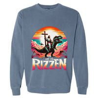 He Is Rizzen Jesus Has Rizzen Retro Christian Dinosaur Garment-Dyed Sweatshirt