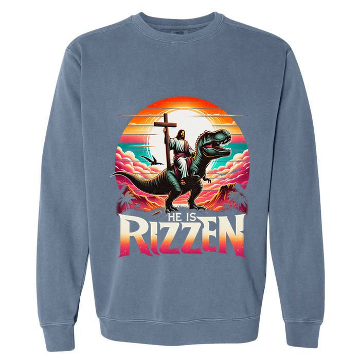 He Is Rizzen Jesus Has Rizzen Retro Christian Dinosaur Garment-Dyed Sweatshirt