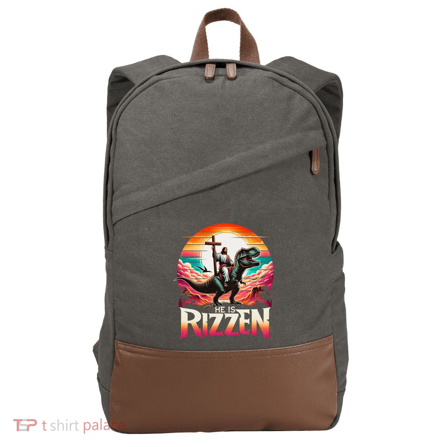 He Is Rizzen Jesus Has Rizzen Retro Christian Dinosaur Cotton Canvas Backpack