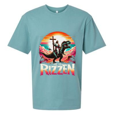 He Is Rizzen Jesus Has Rizzen Retro Christian Dinosaur Sueded Cloud Jersey T-Shirt
