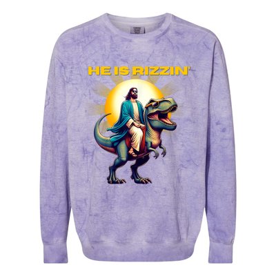 He Is Rizzen Jesus Has Rizzen Retro Christian Dinosaur Colorblast Crewneck Sweatshirt