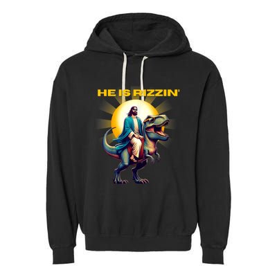 He Is Rizzen Jesus Has Rizzen Retro Christian Dinosaur Garment-Dyed Fleece Hoodie