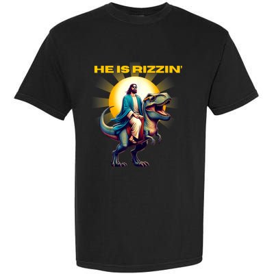 He Is Rizzen Jesus Has Rizzen Retro Christian Dinosaur Garment-Dyed Heavyweight T-Shirt