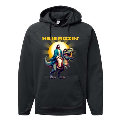 He Is Rizzen Jesus Has Rizzen Retro Christian Dinosaur Performance Fleece Hoodie