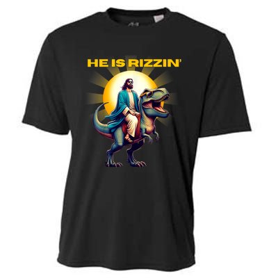 He Is Rizzen Jesus Has Rizzen Retro Christian Dinosaur Cooling Performance Crew T-Shirt