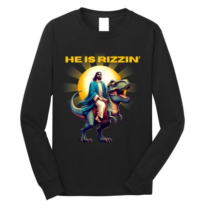 He Is Rizzen Jesus Has Rizzen Retro Christian Dinosaur Long Sleeve Shirt