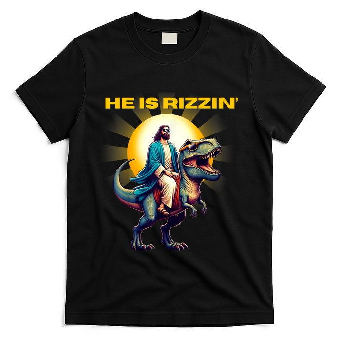 He Is Rizzen Jesus Has Rizzen Retro Christian Dinosaur T-Shirt