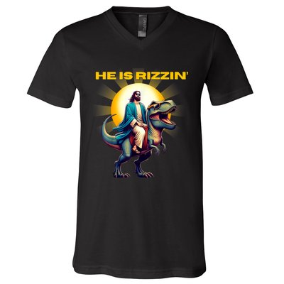 He Is Rizzen Jesus Has Rizzen Retro Christian Dinosaur V-Neck T-Shirt