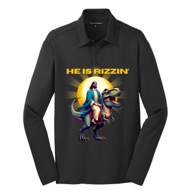 He Is Rizzen Jesus Has Rizzen Retro Christian Dinosaur Silk Touch Performance Long Sleeve Polo