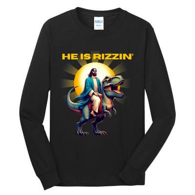 He Is Rizzen Jesus Has Rizzen Retro Christian Dinosaur Tall Long Sleeve T-Shirt