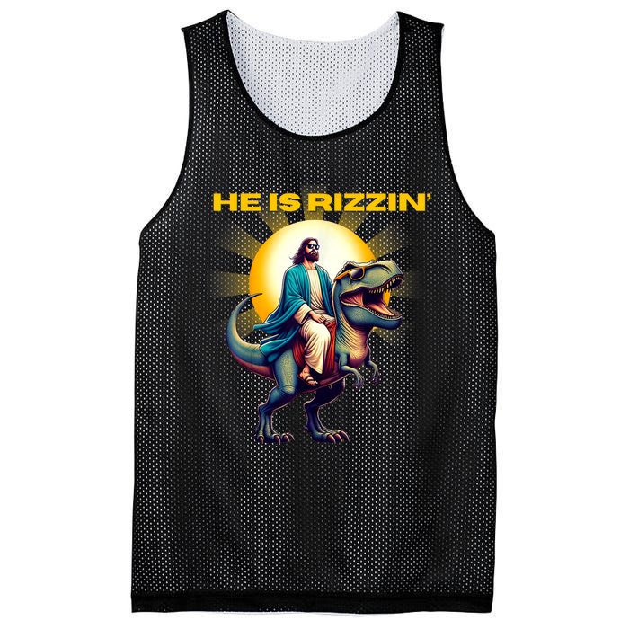 He Is Rizzen Jesus Has Rizzen Retro Christian Dinosaur Mesh Reversible Basketball Jersey Tank