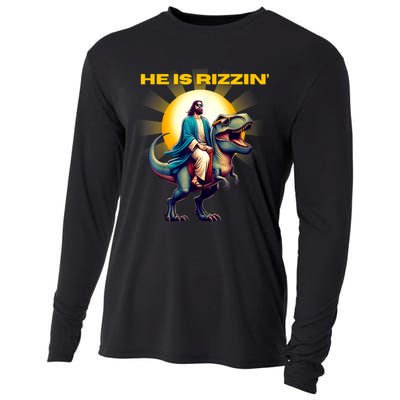 He Is Rizzen Jesus Has Rizzen Retro Christian Dinosaur Cooling Performance Long Sleeve Crew