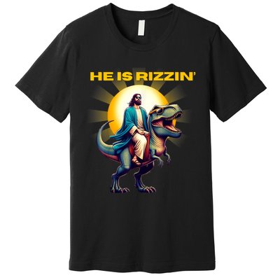 He Is Rizzen Jesus Has Rizzen Retro Christian Dinosaur Premium T-Shirt