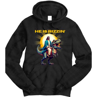 He Is Rizzen Jesus Has Rizzen Retro Christian Dinosaur Tie Dye Hoodie