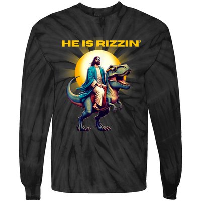 He Is Rizzen Jesus Has Rizzen Retro Christian Dinosaur Tie-Dye Long Sleeve Shirt