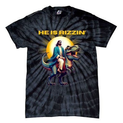 He Is Rizzen Jesus Has Rizzen Retro Christian Dinosaur Tie-Dye T-Shirt