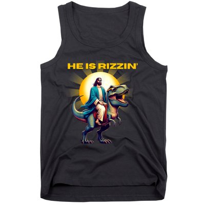 He Is Rizzen Jesus Has Rizzen Retro Christian Dinosaur Tank Top