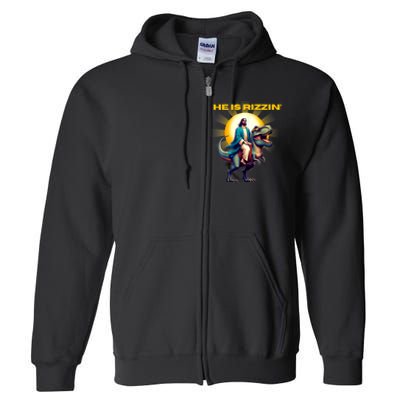 He Is Rizzen Jesus Has Rizzen Retro Christian Dinosaur Full Zip Hoodie