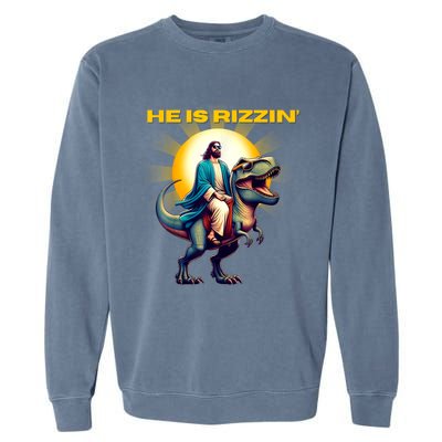 He Is Rizzen Jesus Has Rizzen Retro Christian Dinosaur Garment-Dyed Sweatshirt