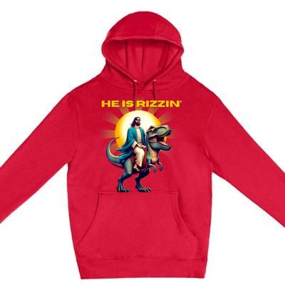 He Is Rizzen Jesus Has Rizzen Retro Christian Dinosaur Premium Pullover Hoodie