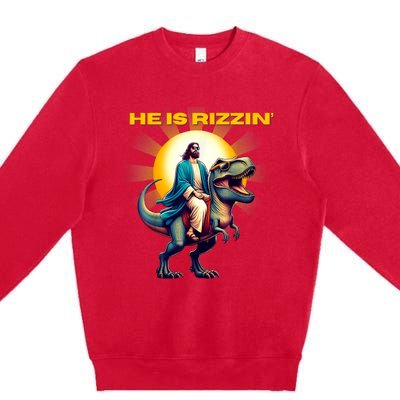 He Is Rizzen Jesus Has Rizzen Retro Christian Dinosaur Premium Crewneck Sweatshirt