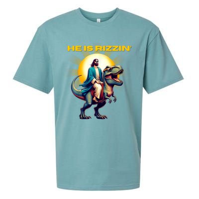 He Is Rizzen Jesus Has Rizzen Retro Christian Dinosaur Sueded Cloud Jersey T-Shirt