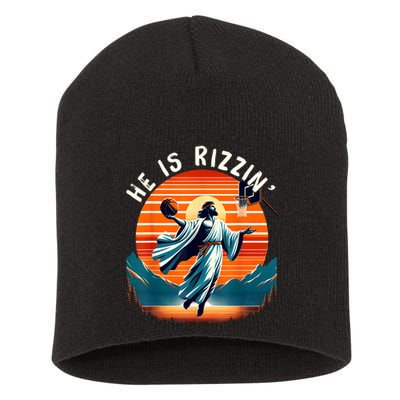He Is Rizzin Basketball Jesus Retro Easter Christian Short Acrylic Beanie