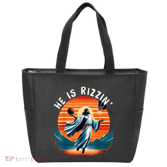 He Is Rizzin Basketball Jesus Retro Easter Christian Zip Tote Bag