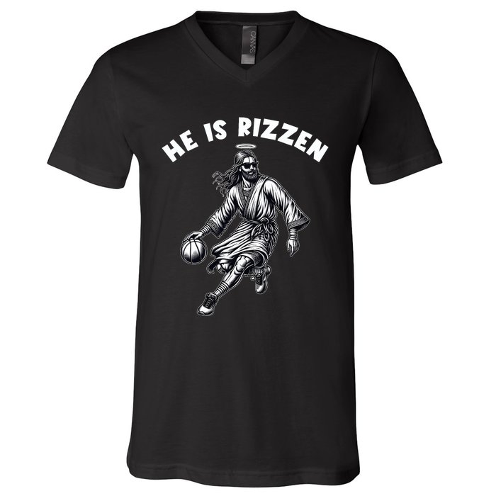 He Is Rizzen Jesus Playing Basketball Funny Easter Day V-Neck T-Shirt